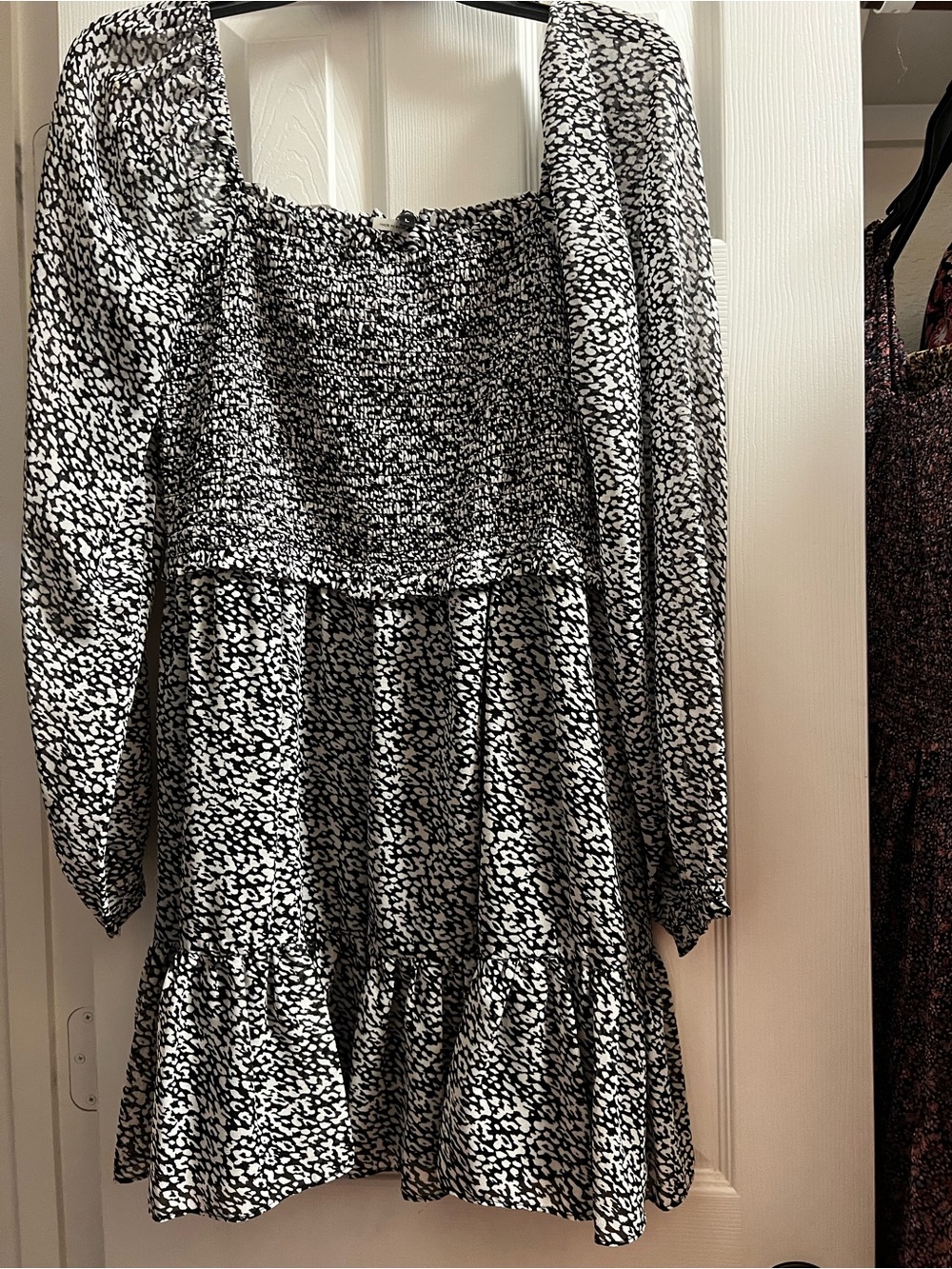 1. State Black & White Smocked Long-Sleeve Mini Dress